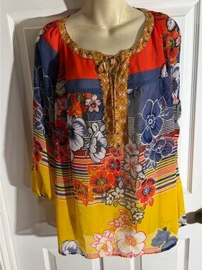 Anthropology fig and flower Vibrant Multicolor Floral Split-tie-Neck Blouse 1X